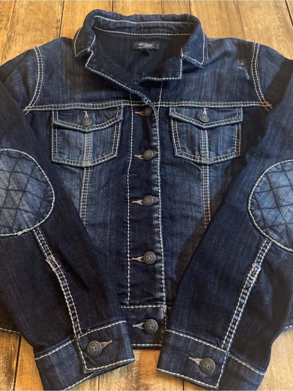Silver Jeans Co. Denim Jacket Dark Blue Quilted Elbow Patches Size M